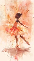In a serene watercolor rendering, a budding ballerina dances on a pale peach background, her tutu adorned with soft apricot hues, embodying the charm of early childhood ballet