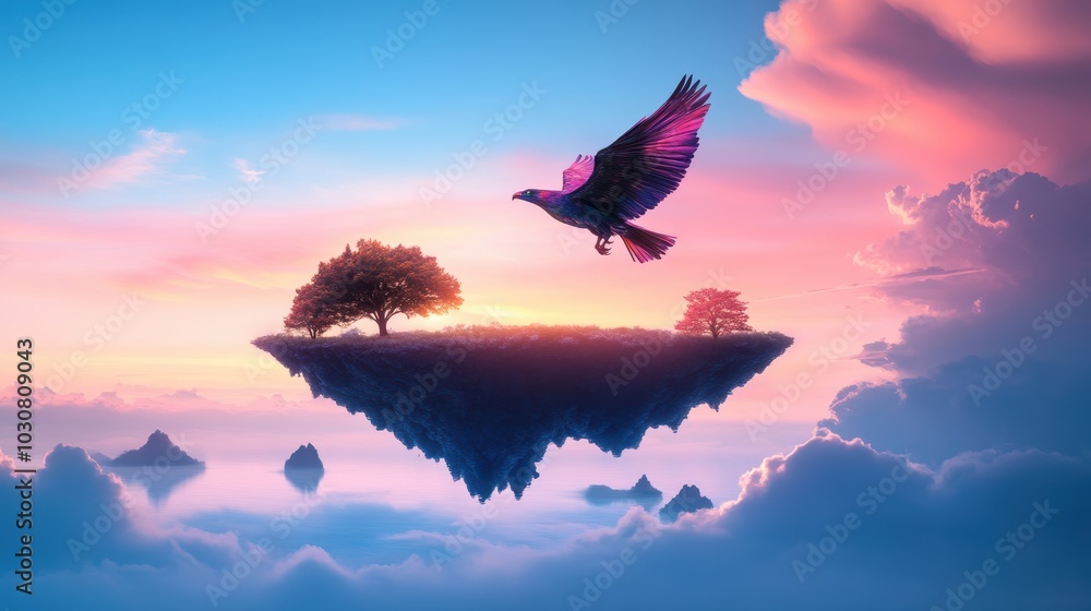 Poster a winged creature with iridescent feathers flies through a sky filled with floating islands and swir