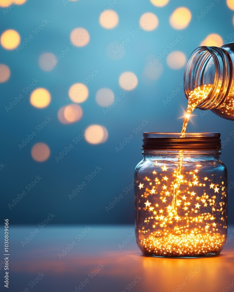 Poster a jar filled with shimmering lights, creating a magical atmosphere.