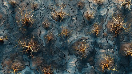 Forests turning barren, showcasing the effects of global warming. Aerial view of climate change, environmental crisis, pollution, risk, no people present. High resolution Illustration, in the style