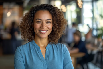 Fototapeta premium Attractive African American professional woman in a blue blouse standing in the office smiling broadly. 