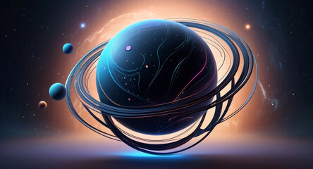 Minimalist geometric design featuring a sphere as a planet, with flowing lines and curves representing celestial bodies. Modern, cosmic-inspired vector art blending science and aesthetics