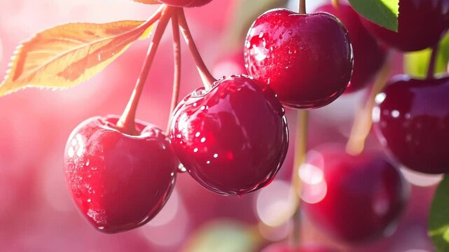 Close-up of glistening cherries with a soft, dreamy background.