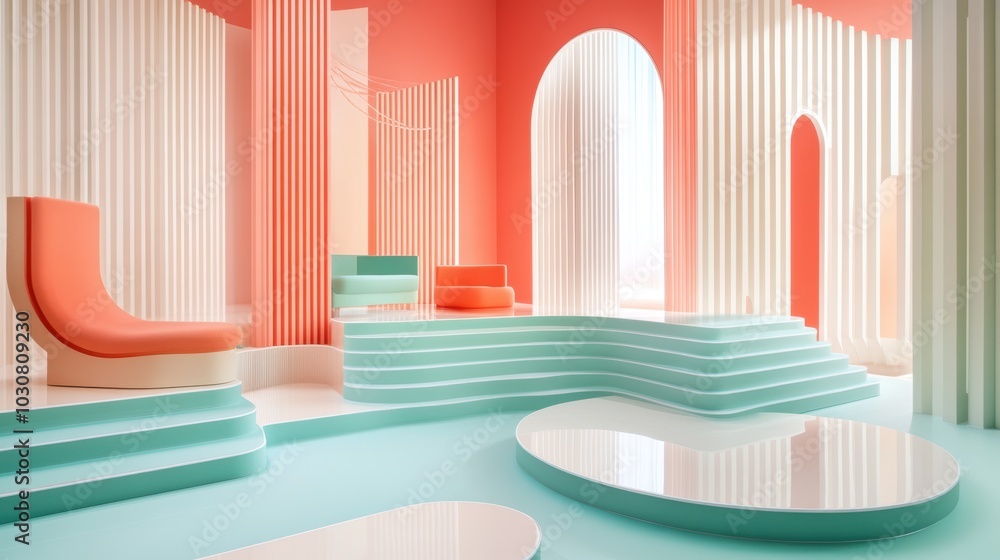 Aufkleber a room filled with furniture that morphs and shifts, its forms blending into abstract patterns.