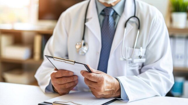 Doctor reviewing medical documents while seated at a desk