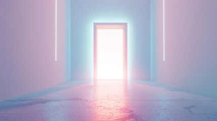 a door with a glowing outline, leading to a brightly lit room with a pinkish-purple hue.