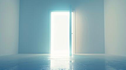 a door with a glowing outline, leading to a brightly lit room with a pinkish-purple hue.