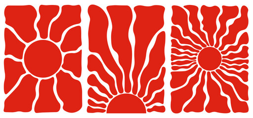 Affiche fleurs groowy et abstrait. Ensemble tendance floral et ensoleillé
