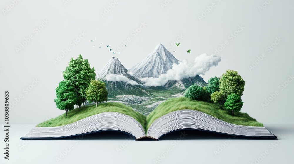 Poster a book with pages that unfold into surreal landscapes, each page revealing a different chapter in a 