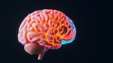 Colorful brain illustration on a dark background showcasing neural pathways.