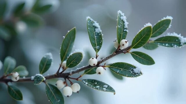 Delicate mistletoe branches covered in frost, with small white berries, create a serene winter scene against a soft snowy background. A peaceful symbol of the holiday season. High quality FullHD