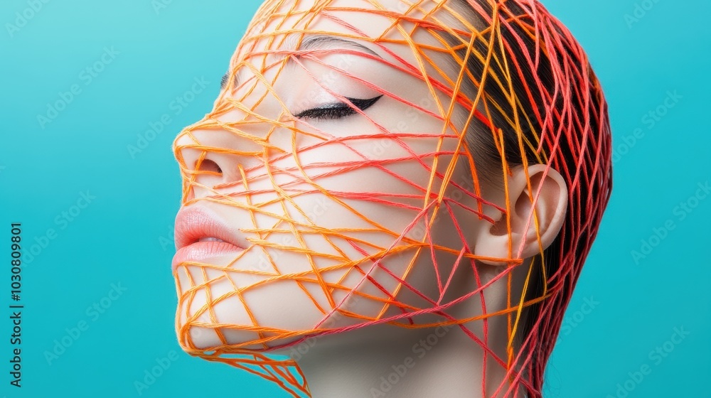Aufkleber a human face made of woven threads, each thread a different color and texture, creating a surreal an