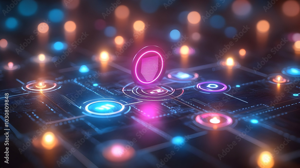 Poster abstract digital landscape with glowing icons and circuits.
