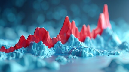 Abstract 3D Landscape Data Visualization with Red Peaks, Blue Terrain for Technology, Business.