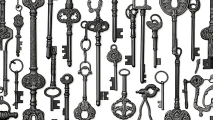Old-fashioned keys in detailed line art forming a seamless, monochrome pattern.