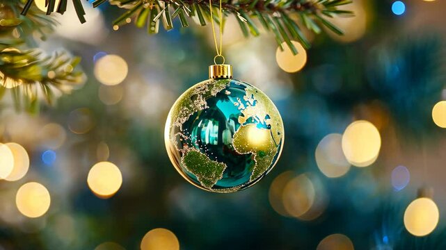 earth globe pattern Christmas bauble on needle pine branch with bokeh light, Christmas and sustainable concept, dreamy whimsical background