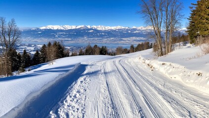 Obraz premium Panoramic View of Snow-Covered Mountains Under a Blue Sky