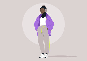 A fashionable character dressed in a purple oversized jacket and sweatpants stands confidently with headphones on, She enjoys music, blending modern style with cultural expression