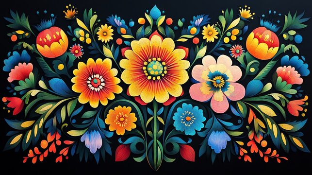 Polish Wycinanki paper cut pattern with vibrant, symmetrical flowers and folk designs, paper cut flowers, traditional Polish pattern