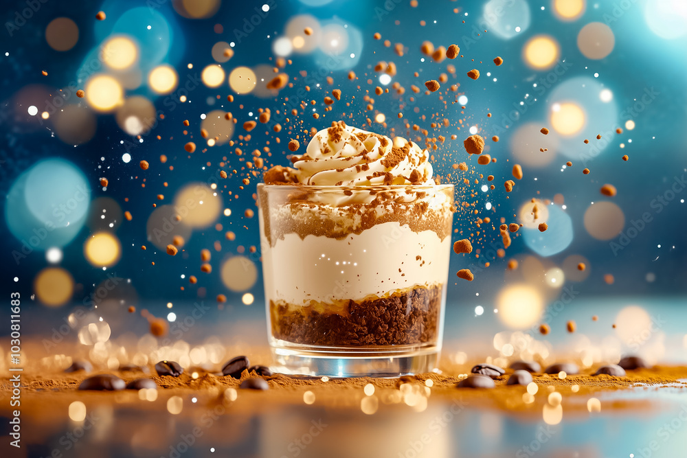 Poster a delightful miniature tiramisu is showcased, topped with fluffy cream and cocoa, while cocoa and co