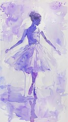 The watercolor painting portrays a young ballerina in an elegant lavender tutu on a clean white canvas, her delicate form echoing the grace and beauty of childhood