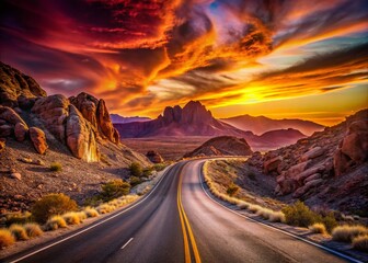 Fototapeta premium Open Road Adventure in Rocky Desert at Sunrise - Journey to the Unknown