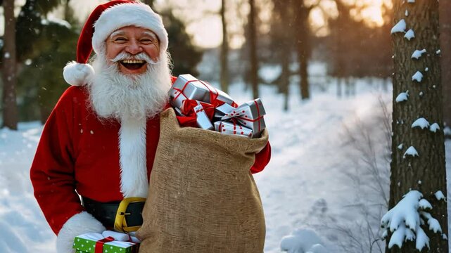 smiling Santa clause walking on snow covered road  with big sack full of Christmas gift boxes 