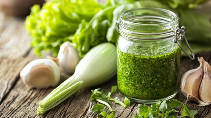 Homemade Green Pesto in Glass Jar with Fresh Ingredients for Organic Cooking and Healthy Eating