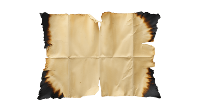 A piece of old parchment paper displaying burnt edges, isolated against a white background