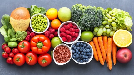 Colorful fresh fruits and vegetables arranged on a gray surface.