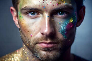 Artistic portrait of Caucasian man with colorful glitter makeup at party