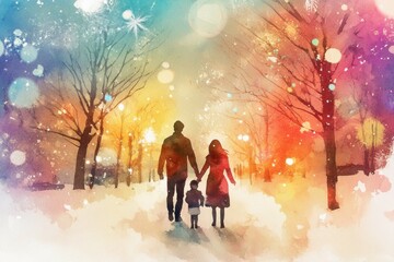 Obraz premium Couple with child walking in snowy landscape