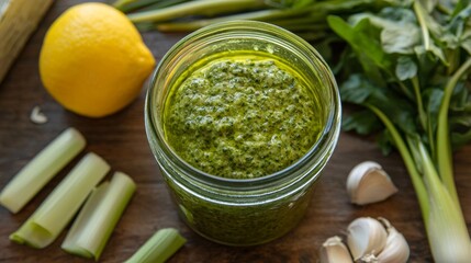 Fresh Green Pesto in Jar Surrounded by Ingredients on Rustic Wooden Table