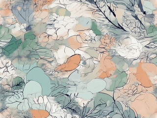 Soft Pastel Floral Composition with Abstract Linework
