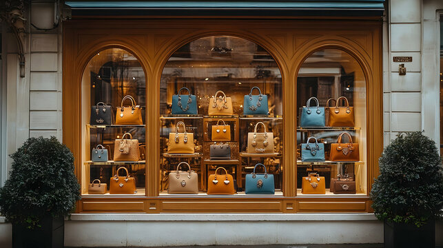 Elegant display of handbags in a boutique window.