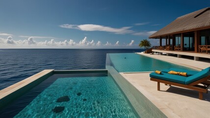 Fototapeta premium Infinity pool overlooking the ocean with a lounge chair and towels.
