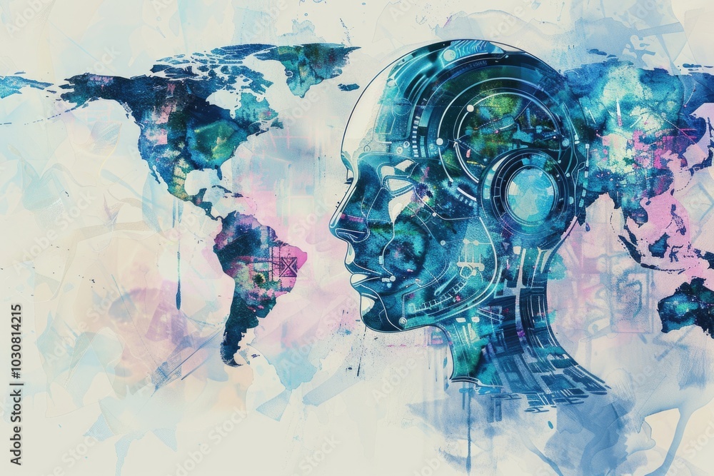 Poster man's head with world map background