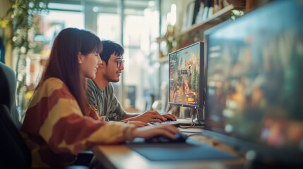Young adults playing video games on computers in bright room, gaming concept