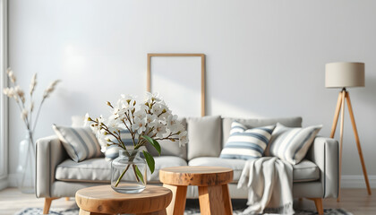Spring home decor. Elegant scandinavian living room interior. Wooden picture frame, poster mockup on sofa. Linen striped cushions, throw. Blurred background. Cherry plum blossoms in vase, wooden sto