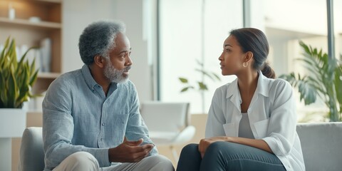 Obraz premium A doctor attentively listens to an elderly male patient during a consultation in a bright, comfortable office, focused on providing personal healthcare advice, selective focus