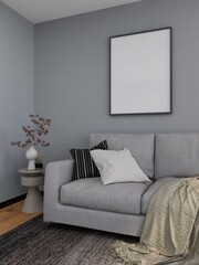 Living room with a vertical frame mockup, sofa and decoration. 3D rendering, interior design, 3D illustration
