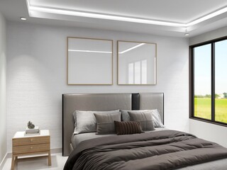 Bedroom with two square frame mockups, bed and interior decoration. 3D rendering, interior design, 3D illustration