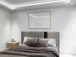 Bedroom with a horizontal frame mockup, bed and decoration. 3D rendering, interior design, 3D illustration