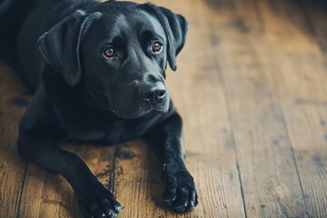 Black dog lying on wooden floor