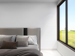 Bedroom with a modern bed and interior decoration. 3D rendering, interior design, 3D illustration