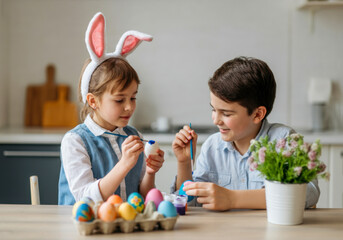 Fototapeta premium Children enjoy decorating Easter eggs together in a cozy kitchen setting during springtime