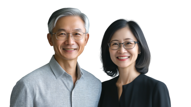 PNG Smiling Asian Couple Portrait: Casual and Formal Wear Isolated on Transparent Background