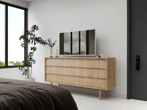 Fototapeta Bedroom with a TV cabinet, a television and interior decoration. 3D rendering, interior design, 3D illustration