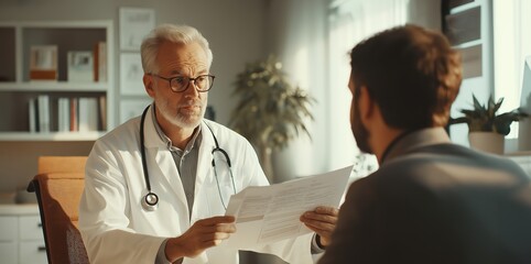 Obraz premium An elderly doctor reviews test results with a male patient in a brightly lit office, discussing diagnosis and treatment, professional care, selective focus