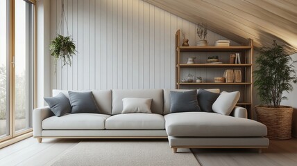 Scandinavian Attic Living Room with Corner Sofa and Shelving Unit in Modern Farmhouse Style